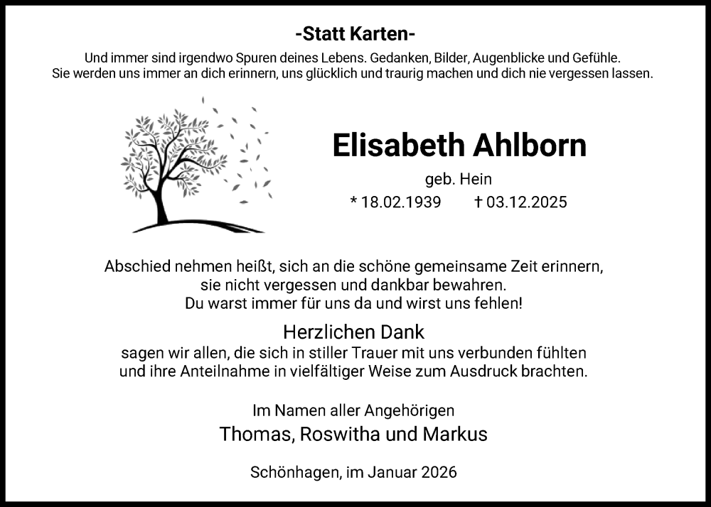  Traueranzeige für Elisabeth Ahlborn vom 10.01.2026 aus HNA