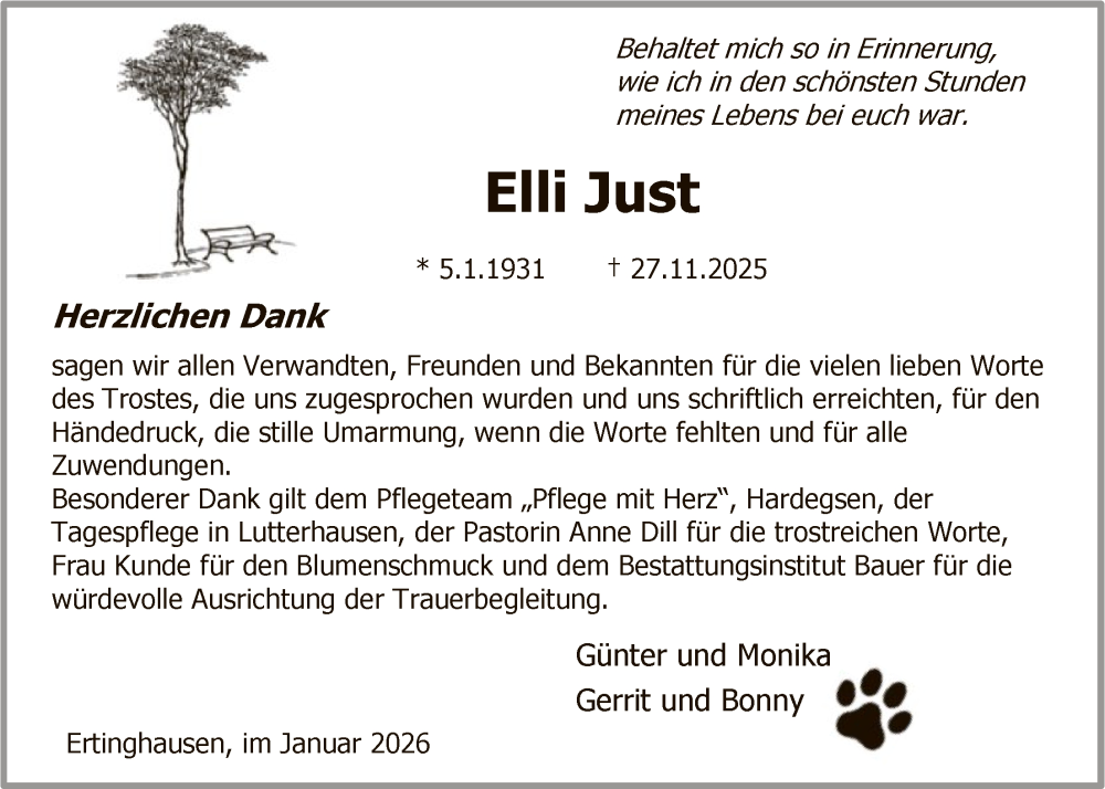  Traueranzeige für Elisabeth Just vom 14.01.2026 aus HNA