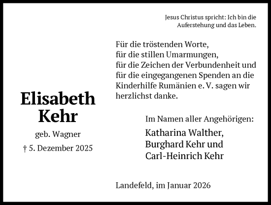 Traueranzeige von Elisabeth Kehr von HNAHNA