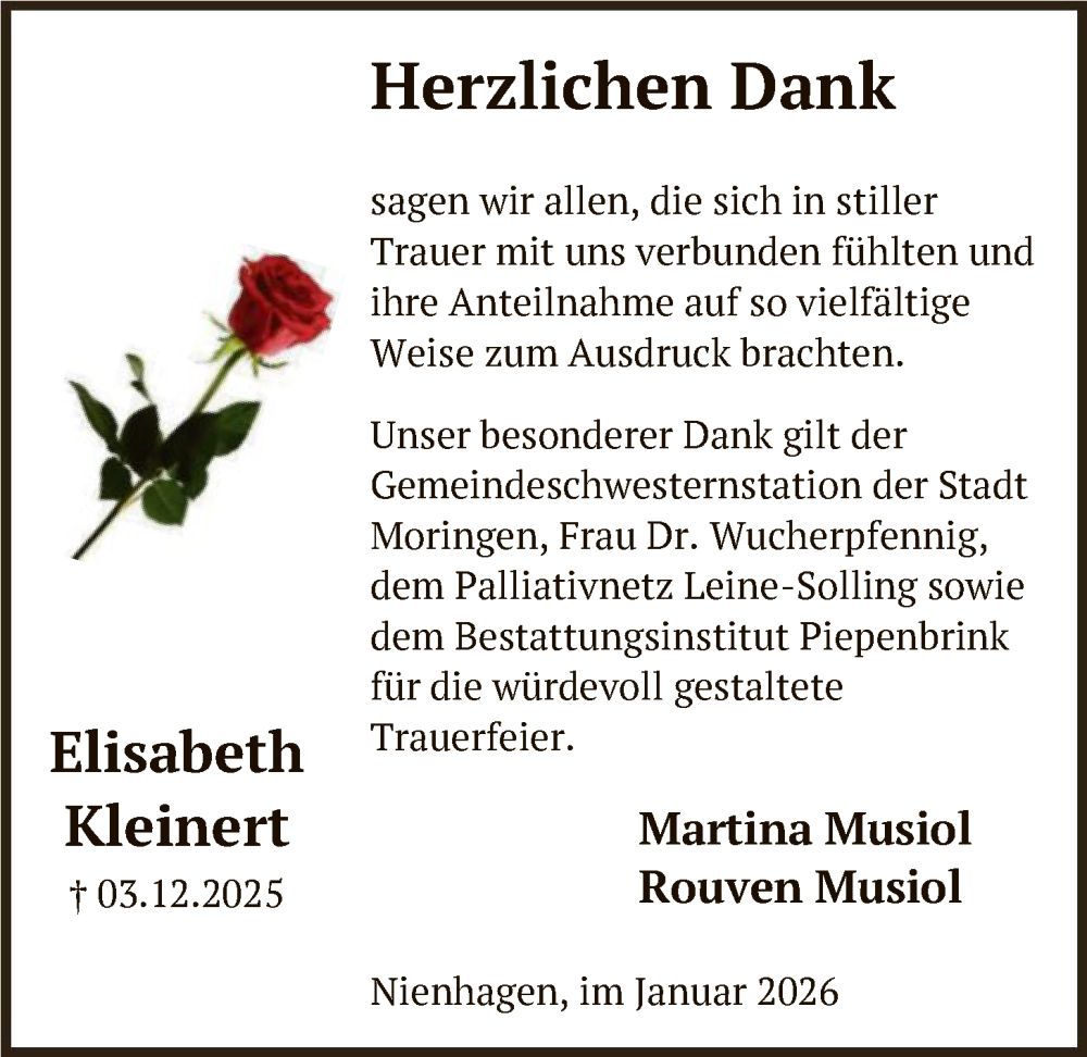  Traueranzeige für Elisabeth Kleinert vom 10.01.2026 aus HNA