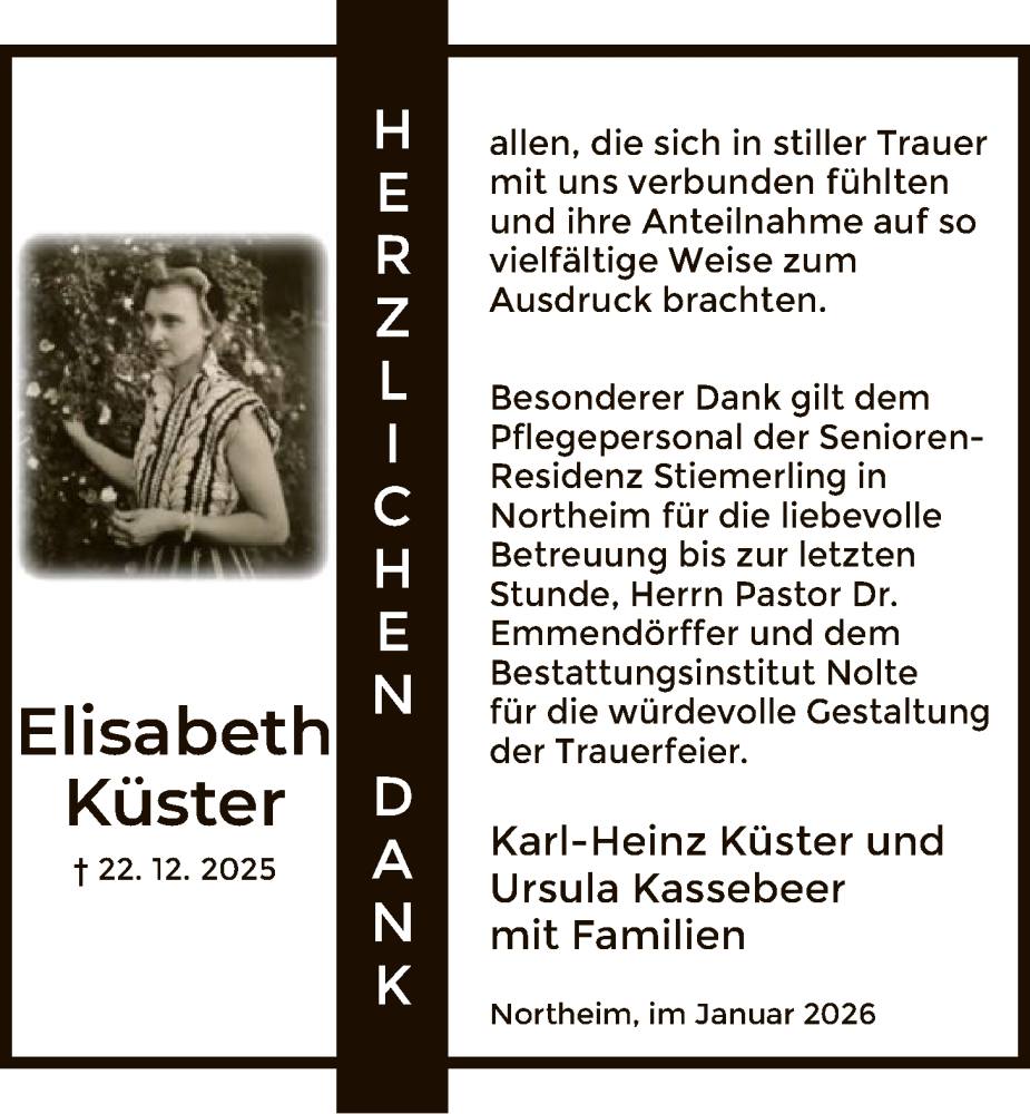  Traueranzeige für Elisabeth Küster vom 31.01.2026 aus HNA