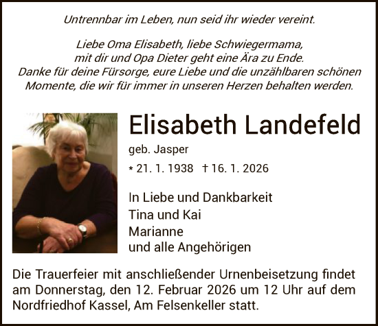 Traueranzeige von Elisabeth Landefeld von HNA