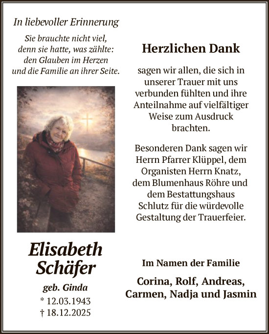 Traueranzeige von Elisabeth Schäfer von HNA