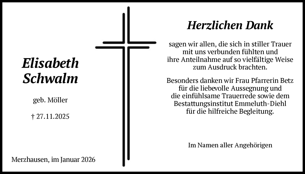  Traueranzeige für Elisabeth Schwalm vom 24.01.2026 aus HNA