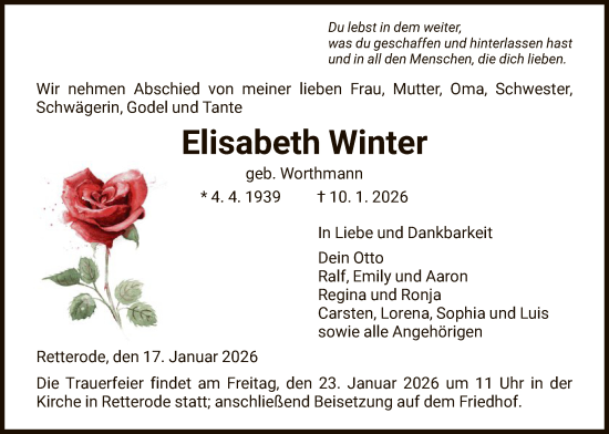 Traueranzeige von Elisabeth Winter von HNA