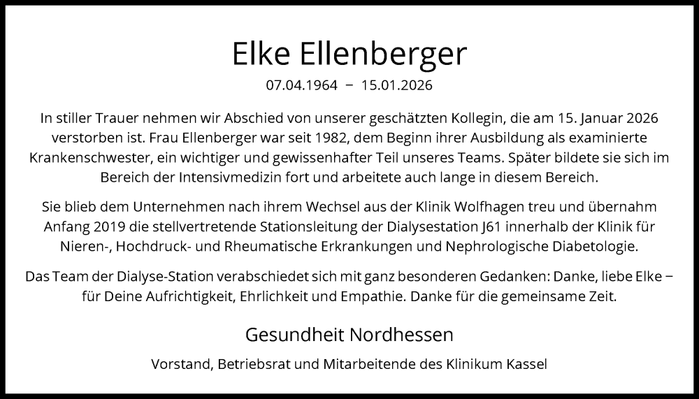  Traueranzeige für Elke Ellenberger vom 24.01.2026 aus HNA