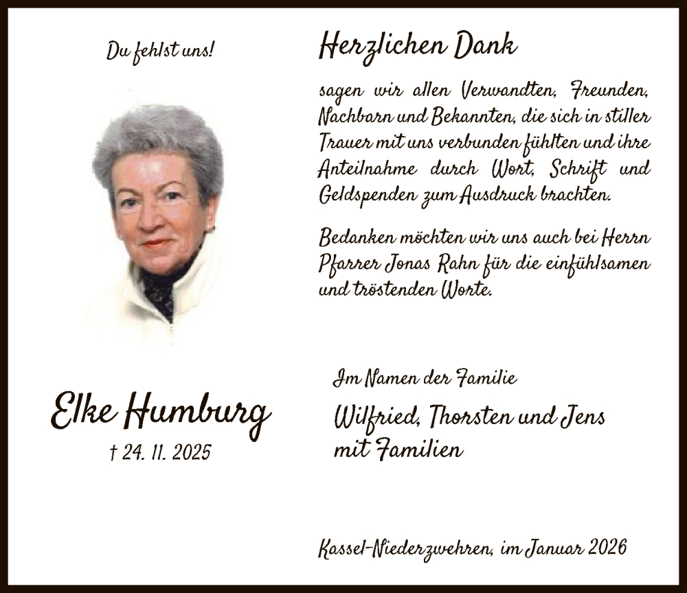  Traueranzeige für Elke Humburg vom 03.01.2026 aus HNA