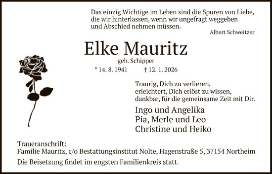 Traueranzeige von Elke Mauritz von HNA