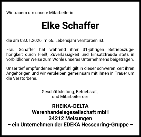 Traueranzeige von Elke Schaffer von HNA