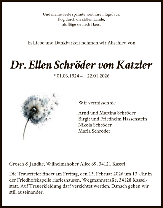 Traueranzeige von Ellen Schröder von Katzler von HNA