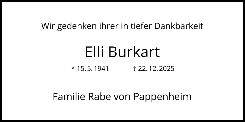  Traueranzeige für Elli Burkart vom 17.01.2026 aus HNHNA