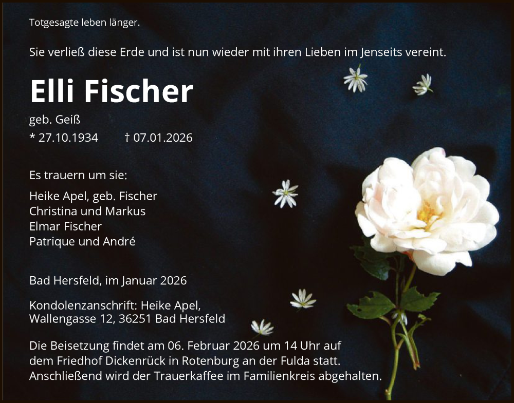  Traueranzeige für Elli Fischer vom 31.01.2026 aus HNA