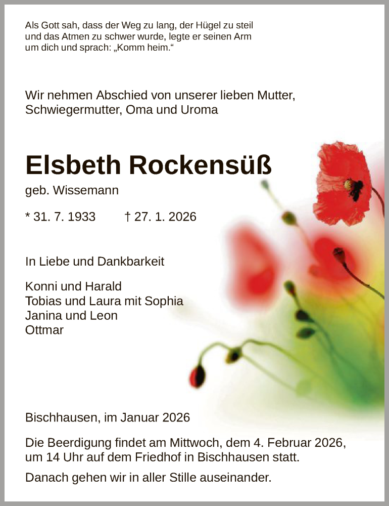  Traueranzeige für Elsbeth Rockensüß vom 31.01.2026 aus HNA