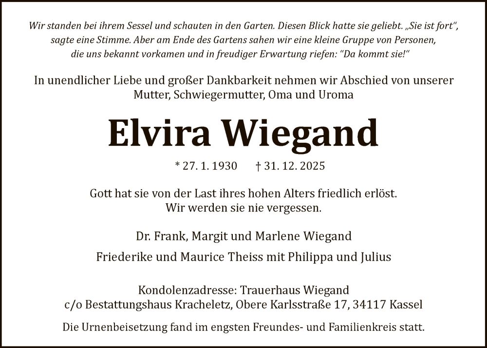  Traueranzeige für Elvira Wiegand vom 24.01.2026 aus HNA