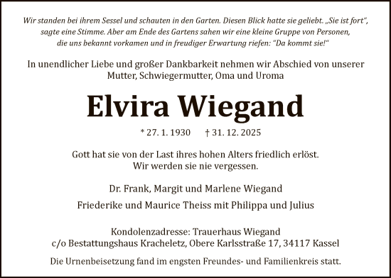 Traueranzeige von Elvira Wiegand von HNA