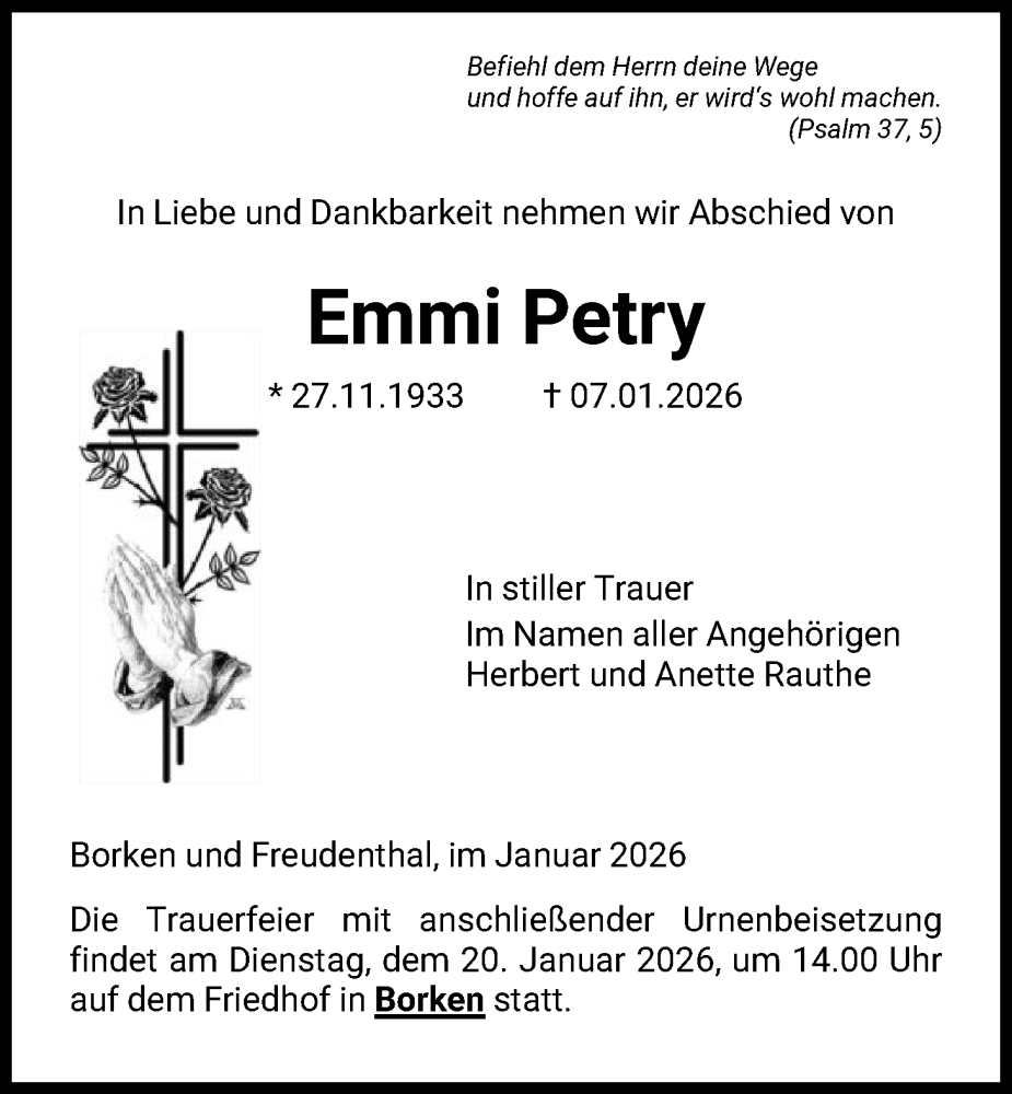  Traueranzeige für Emmi Petry vom 17.01.2026 aus HNA