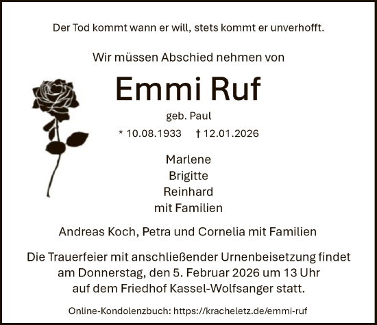 Traueranzeige von Emmi Ruf von HNA