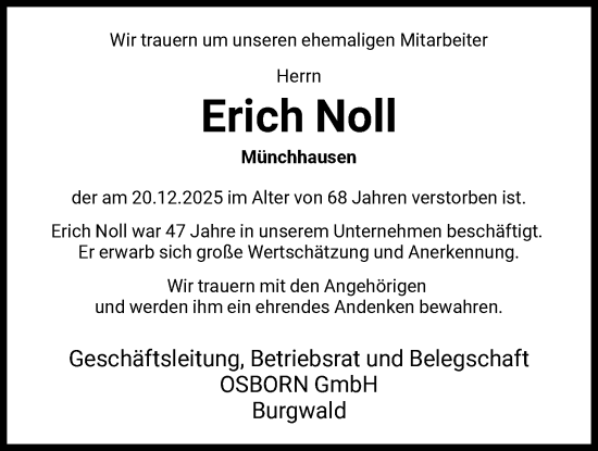 Traueranzeige von Erich Noll von HNA
