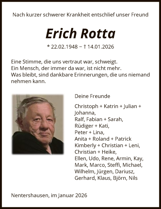 Traueranzeige von Erich Rotta von HNAHN