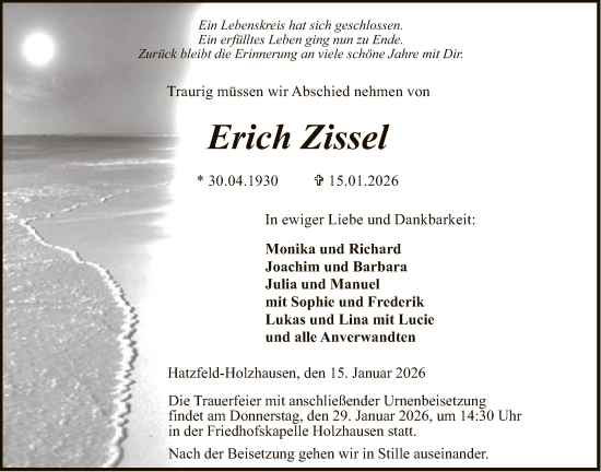 Traueranzeige von Erich Zissel von HNA