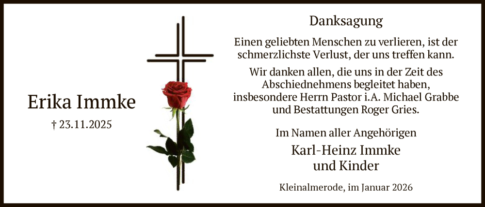 Traueranzeige für Erika Immke vom 03.01.2026 aus HNA