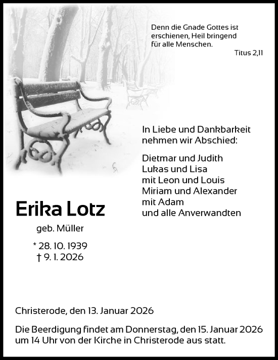 Traueranzeige von Erika Lotz von HNA