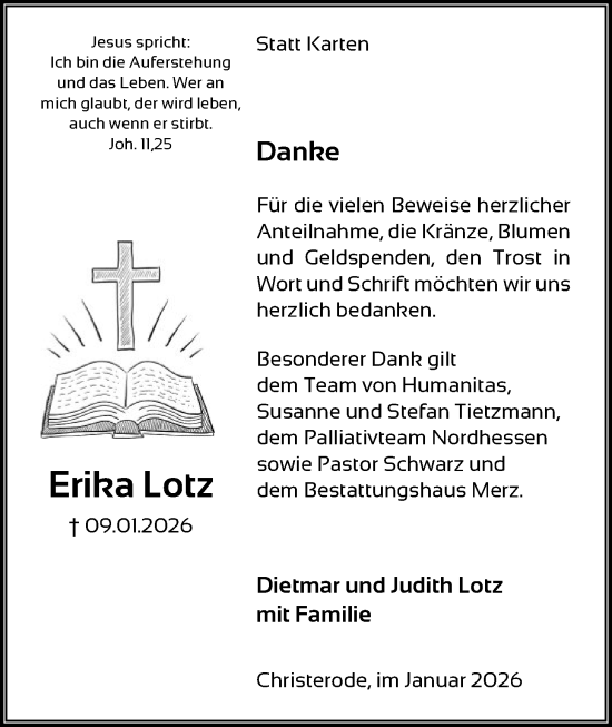 Traueranzeige von Erika Lotz von HNA