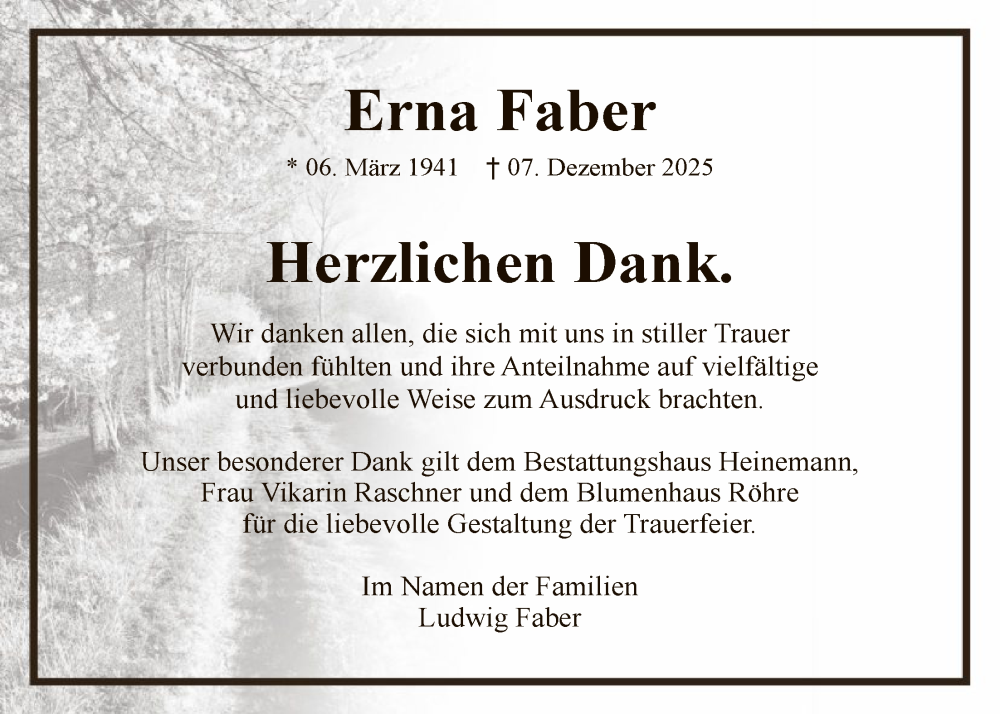  Traueranzeige für Erna Faber vom 17.01.2026 aus HNA