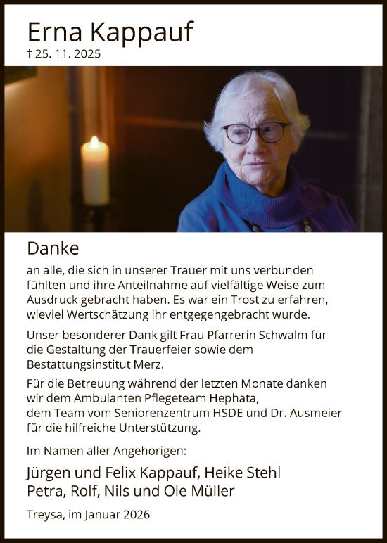 Traueranzeige von Erna Kappauf von HNA