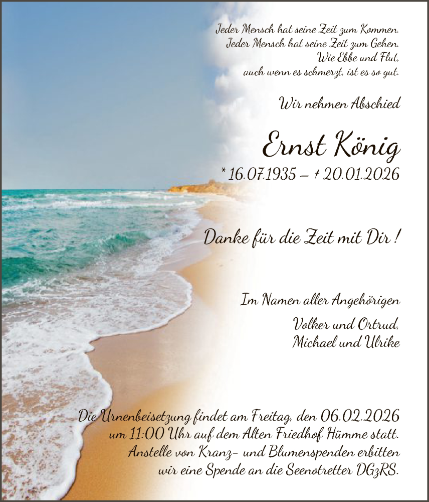  Traueranzeige für Ernst König vom 31.01.2026 aus HNAHNHNA