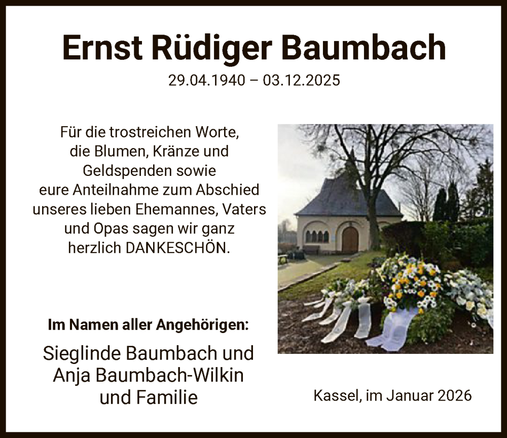  Traueranzeige für Ernst Rüdiger Baumbach vom 31.01.2026 aus HNA