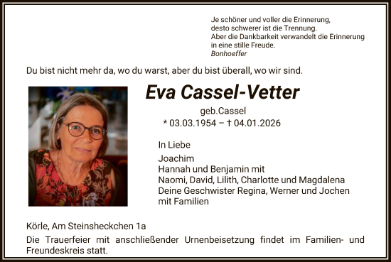 Traueranzeige von Eva Cassel-Vetter von HNA