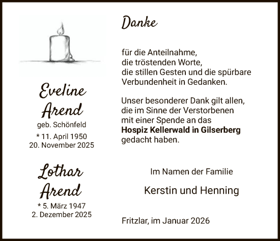 Traueranzeige von Eveline und Lothar Arend von HNA