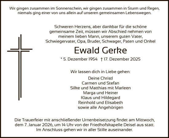 Traueranzeige von Ewald Gerke von HNAHN
