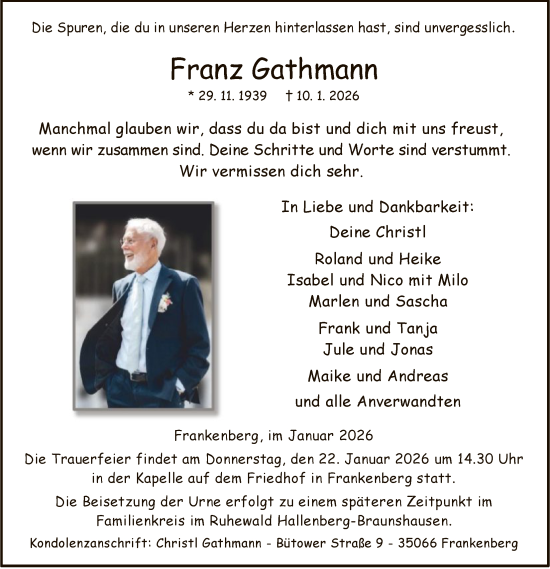 Traueranzeige von Franz Gathmann von HNA