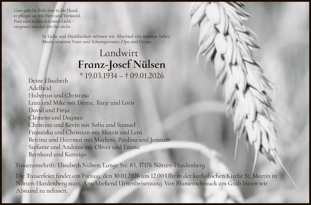  Traueranzeige für Franz-Josef Nülsen vom 24.01.2026 aus HNA