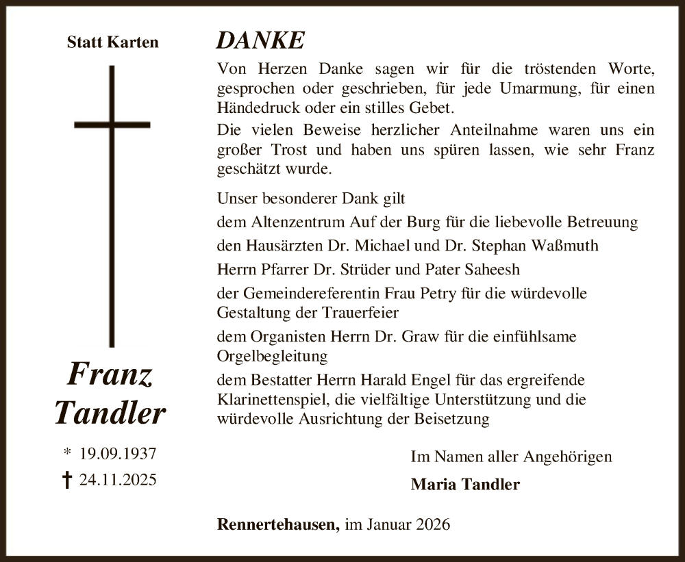  Traueranzeige für Franz Tandler vom 10.01.2026 aus HNA