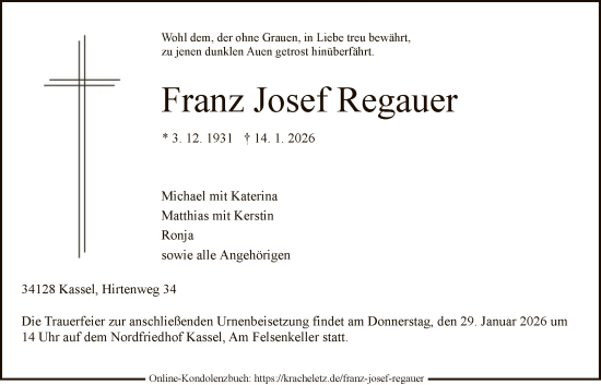 Traueranzeige von Franz Josef Regauer von HNA