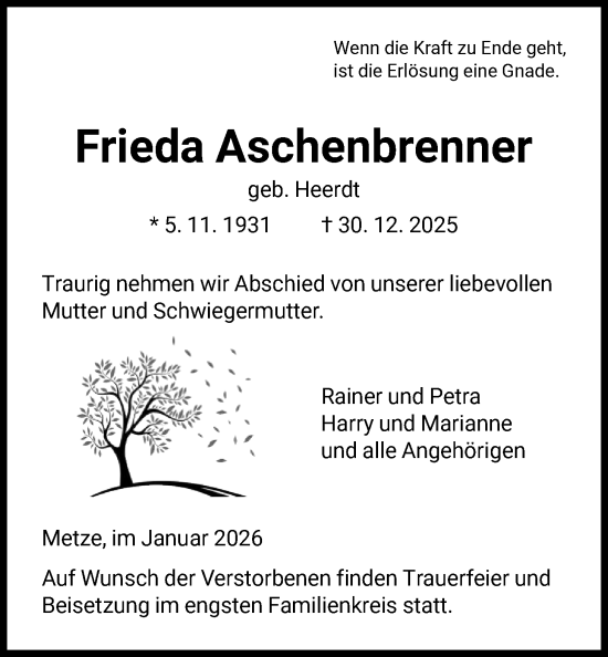 Traueranzeige von Frieda Aschenbrenner von HNA