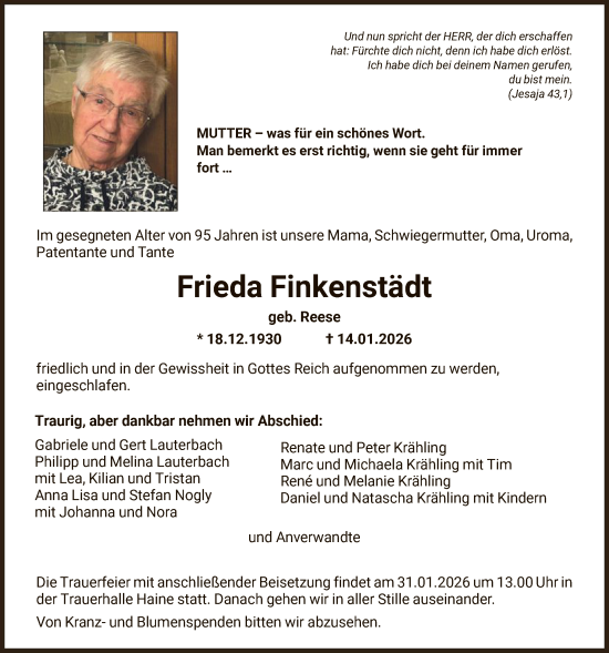 Traueranzeige von Frieda Finkenstädt von HNA