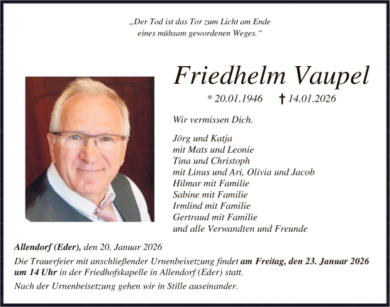 Traueranzeige von Friedhelm Vaupel von HNA