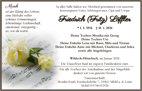 Traueranzeige von Friedrich Löffler von HNAHN