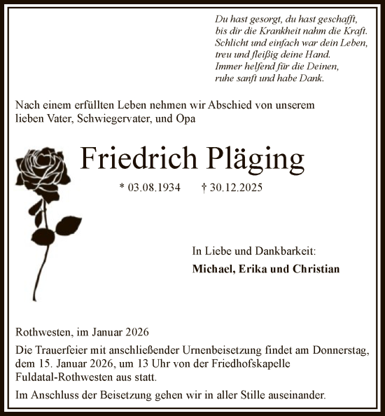 Traueranzeige von Friedrich Pläging von HNA