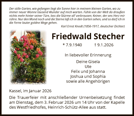 Traueranzeige von Friedwald Stecher von HNA