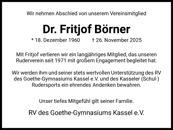 Traueranzeige von Fritjof Börner von HNA