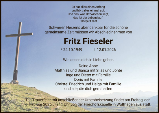 Traueranzeige von Fritz Fieseler von HNA