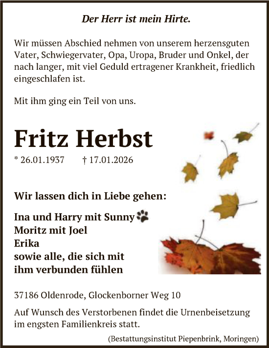 Traueranzeige von Fritz Herbst von HNA