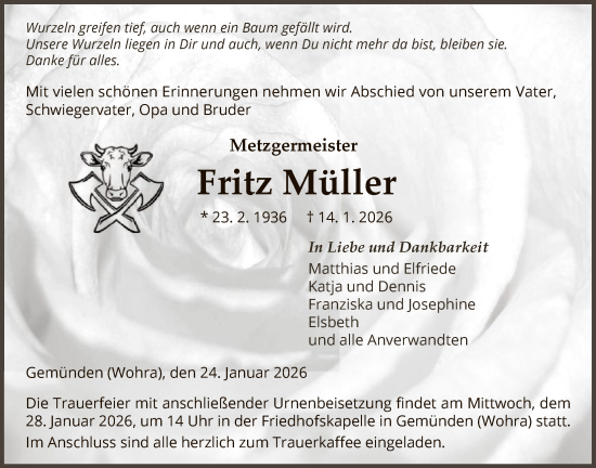 Traueranzeige von Fritz Müller von HNA