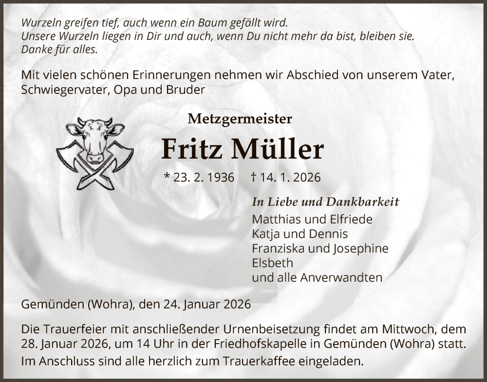  Traueranzeige für Fritz Müller vom 24.01.2026 aus HNA