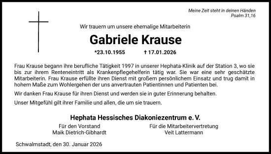 Traueranzeige von Gabriele Krause von HNA
